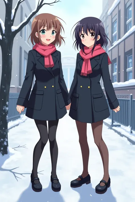  Two Sakuras card captors with  black winter uniform with black mary janes with  brown leggings