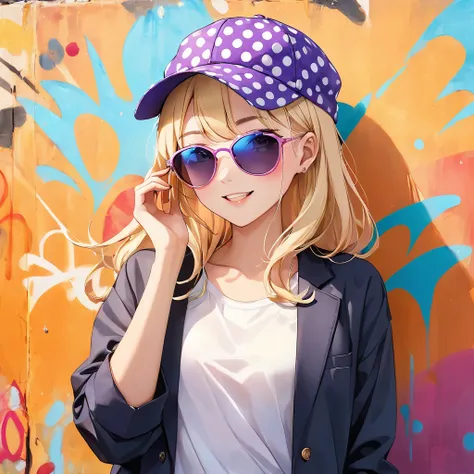 Colorful graffiti background, bright daylight, light blonde straight hair with blue streaks, wearing a purple polka-dot cap with an orange flower accessory, casual outfit with a dark jacket, hand holding sunglasses, playful and vibrant atmosphere.