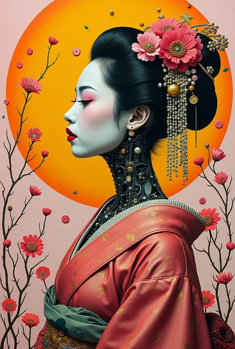 collage painting, many robot geishas, wires, buttons, circuits, vines, twigs, nature, science, dramatic, sexy, romanticism, cyberpunk, neo-classical, experimentalism, baroque, impressionism, expressionism, unexplained beauty, avant garde, art deco, art nou...