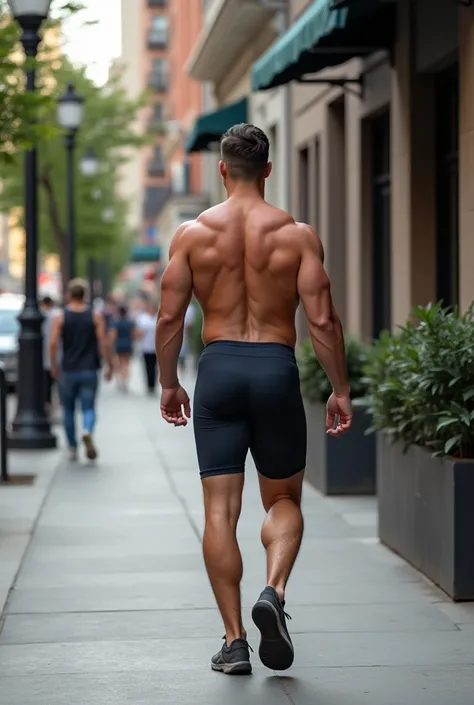 male round butt in tight shorts walking down the street 