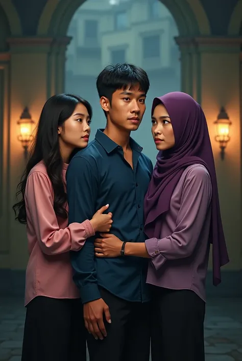 Make a realistic movie poster featuring three characters with their faces to the camera. In a dramatic love triangle. The top reads "SEGERA TAYANG". The lead character is an Asian man, round face, chubby cheeks, short neat black hair. Wearing a red shirt, ...