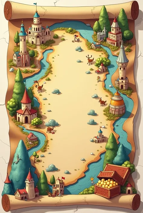 Create a bore bujji cartoons  simple paper map , in that map only three places by step by step are there, first place disney land from cindrella cartoon, second place is Dholak pure from chota bheem cartoon, third place  Phurphuri Nagar Puri Puri Nagar fro...