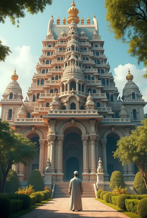 A Ram temple is very beautiful with a Muslim man standing in front of it