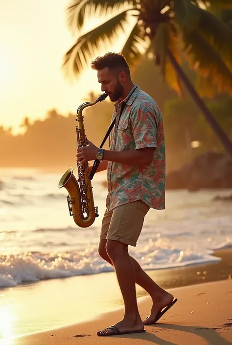 Man playing saxophone in beach clothes 
