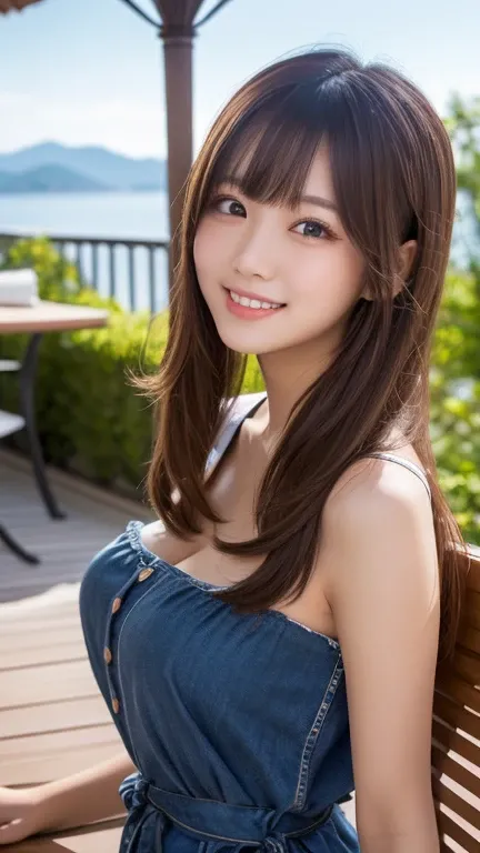 Tabletop, Best Quality, shape, Very detailed, finely, High resolution, 8K wallpaper, 完璧なダイナミックな構shape, Beautiful EyesWomanGirlFashion,Long straight brown hair,、Bangs covering one eye、Natural color lip, Bold sexy pose,smile,Harajuku、20 year old girl、cute、Se...