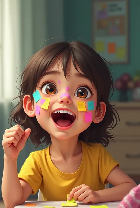 A young girl putting sticky notes on her face