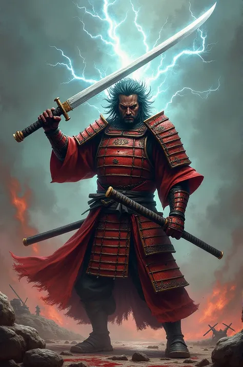 Samurai warrior, hold katana above head, Japanese armor, red armor, oni power, lightning energy, standby, Messy hair, battlefield, blood,