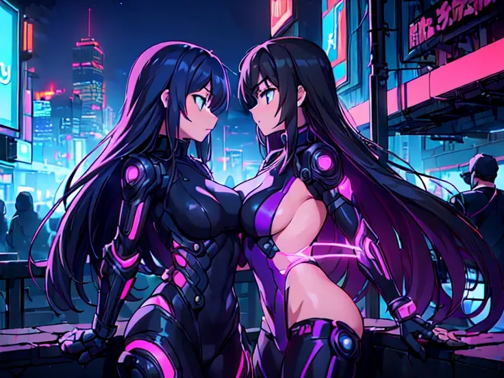 ((2girl,yuri)), (female ninja,princess), (wide shot), (Stare deeply into each others eyes),Very detailed,High resolution,4K,8k,masterpiece,High resolution,((Anatomically correct number of limbs),(Anatomically correct number of fingers)), ((late Night),cybe...