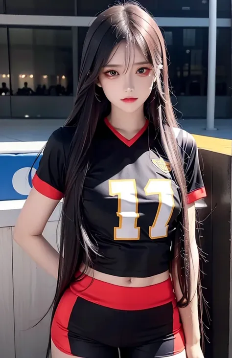 Woman with long hair straight, football jersey 84 in shirt, high detailed, realistic, ultra realistic, football skin t shirt and ((football short pant)), black color shirt football skin shirt , ((red eyes))