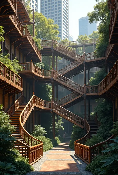 A park that has the architectural style of the Bradbury Hotel in Los Angeles, iron stairs and wooden railings. The example of this image that was given to me would be seen from outside the park. 