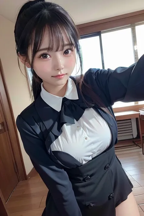 masterpiece、Selfie taken from above、cute、happy、Uniform、Poses that emphasize breasts and buttocks Ultra high quality, Folded ponytail, Droopy eyes, Wearing a white mask, realism, Surrealism, 