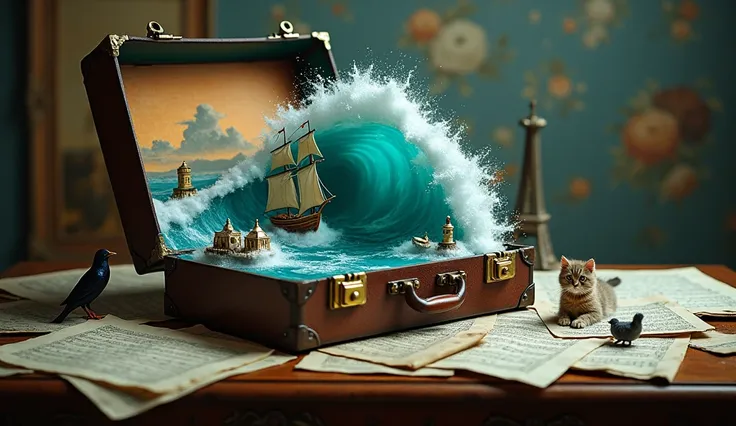 (Surreal photography:1.4) of a miniature seascape, with lighthouses and sailing ship, inside an open vintage suitcase, (underwater scene visible:1.3), dramatic clouds and seagulls, centered composition, on a table with sheet music, moody lighting, shot fro...