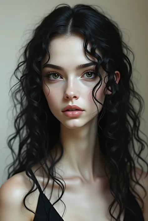 A thin woman, white as snow long curly hair 3b, without bangs, black eyes, oblong face shape, small mouth, nose with elevation at the top,  similar to cleopatra