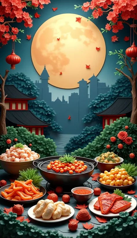 3D paper sculpture art, Super detailed, Decoupage, 一張紙的Decoupage顯示一些中國菜，Including vegetables、barbecue、Hot pot and fish and shrimp。, In the background are trees and silhouettes of nostalgic houses, Dark background, Big Moon, mysterious atmosphere, Dark blue...