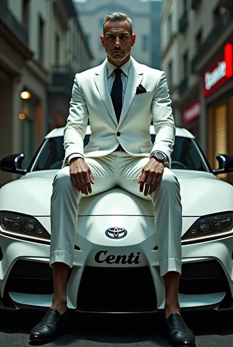 Mafia guy in white, and has named CENTI on car while sitting on toyota supra 