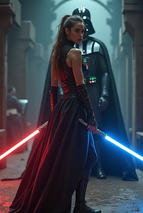 Natalie Portman as a Jedi facing off against Darth Vader with a drawn blue lightsaber, thick_thighs, thigh_highs, messy_hair, long_hair, long_skirt, leggings, full_body, full_view