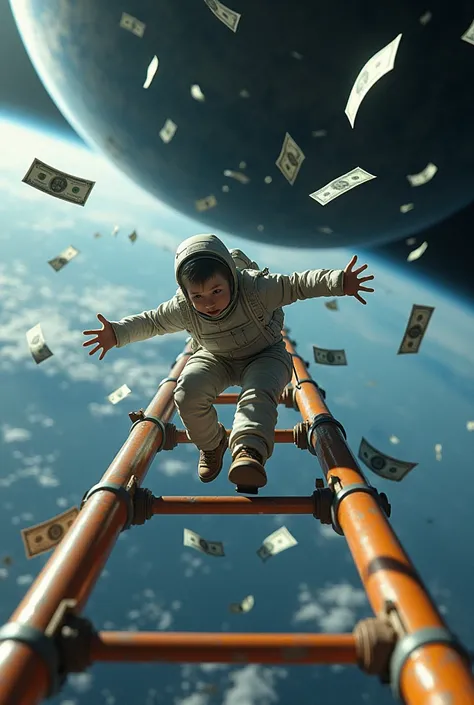 When he went down the stairs when he was about to land on a planet, the satellite ladder is hanging. Then he fell. There was money that fell once while floating, meaning that his feet were unstable and he wanted to fall with the money flying around