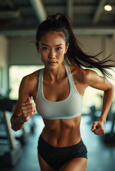 Realistic photo of a beautiful Thai female athlete with fair skin, big breasts, long black hair tied in a ponytail, wearing a white sports bra, running fast on a treadmill, with sweat all over her forehead and determined eyes. Shot from a low angle to show...