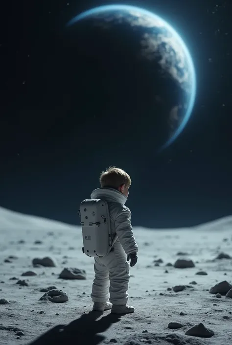 A boy stand on moon see the black whole 