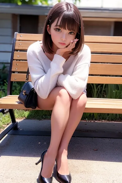 Girl sitting on a bench at a rural bus stop、Bob Hair、Medium breast、A tight knit sweater、Black mini skirt、Luxury Stockings、Luxury stiletto heels、Slender body、Beautiful, toned, long legs、Legs crossed、Troubled face、Bag on shoulder、Rest your cheek on your hand...