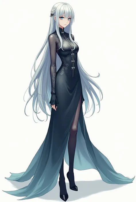 1 adult、whole bodyのイラスト、Gray Hair、Long Hair、Blue Eyes、Slanted Eyes、exotic、Long Chinese dress、front、whole body、Background white、Black tights、Black shoes、Japanese