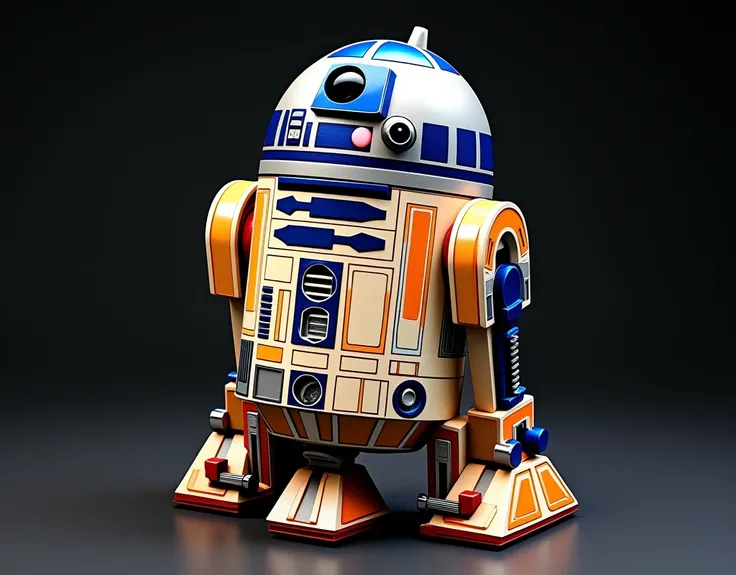 Generate a chibi doll, Multicolor, polychromatic, abstract of R2D2 on a dark background