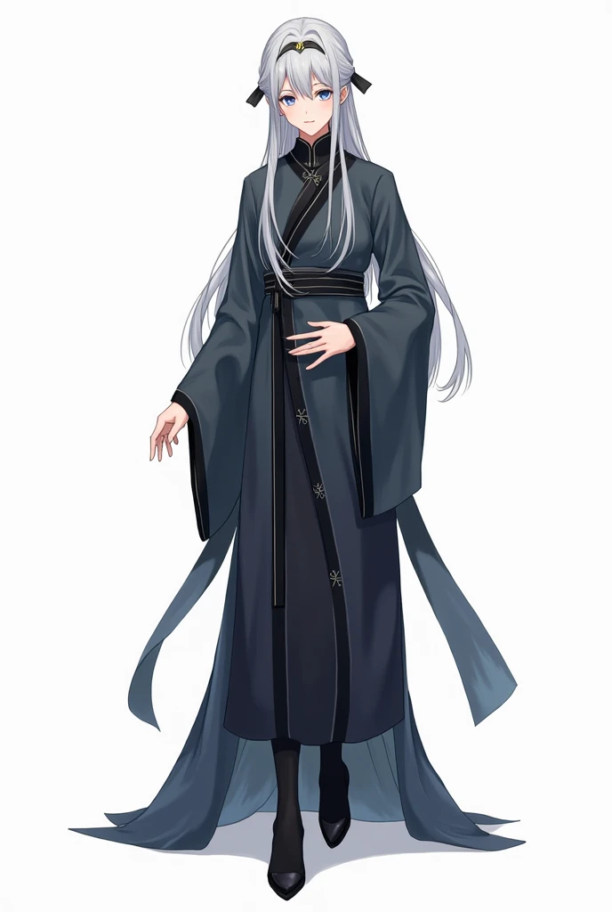 1 adult、whole bodyのイラスト、Gray Hair、Long Hair、Blue Eyes、Slanted Eyes、exotic、Long Chinese dress、front、whole body、Background white、Black tights、Black shoes