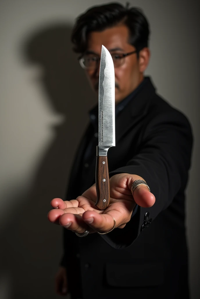 Man show classic stylish big knife on left hand palm with one hand and man wearing rings in finger shadow art , photo from man perspective 