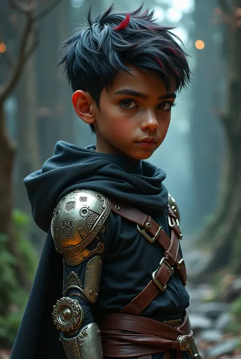 A short, thin, muscular boy with dark skin and black hair with red highlights. His left arm is a mechanical arm made of a magical metal whose indentations shine. He wears a wizard&#39;s robe that has some pieces of armor.