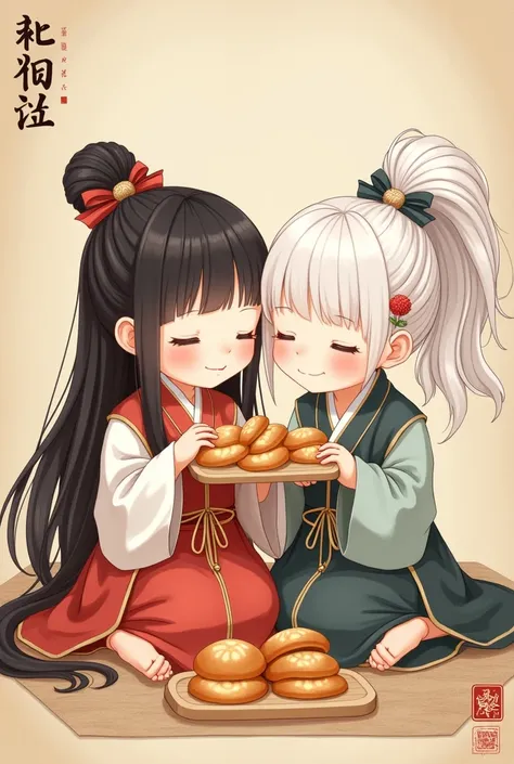 (Best quality), ((Masterpiece)), (height), illustration, manuscript, Detailed details,License, 1 girl, 1 boy, Bun hairstyle, Black hair, white hair, Chinese clothing, Long sleeves, Sitting, Long hair, shill, Double layer bread, Close your eyes, Hanfu, Hair...