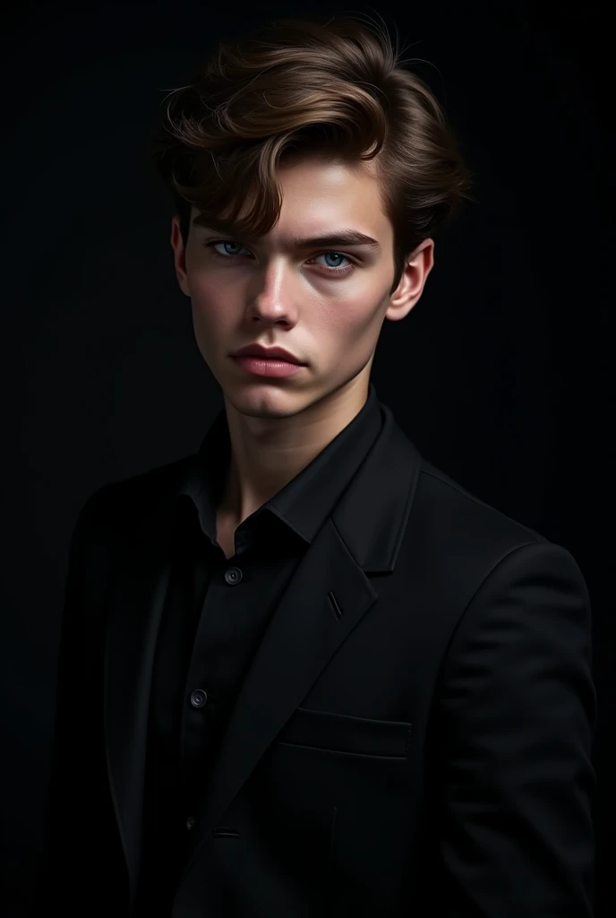 A blue eyes teenage boy with attractive face thinking about something in black suit looking at camera aggressively 