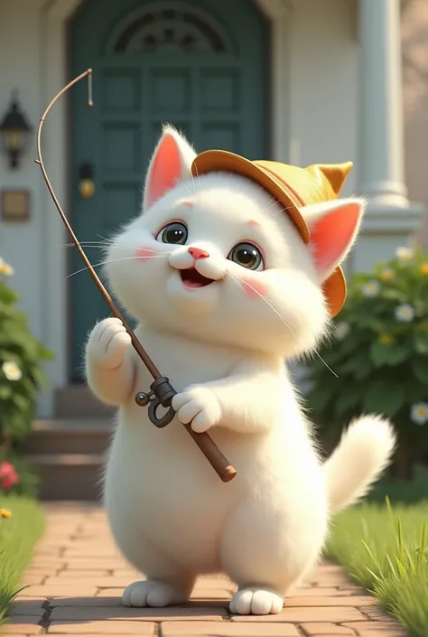 cute little white cat ,stand on two legs with a fishing rod, wear a hat, facing the front door of someone&#39;s house, while calling his friend