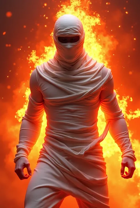 Pubg mobile mummy suit Is image mein ek abstract figure dikhai de rahi hai jo white bandages mein lapeta hua hai. Background bright red aur orange flames ka hai, jo ek fiery aur intense environment ko depict karta hai. Figure ka pose dynamic lagta hai, jai...