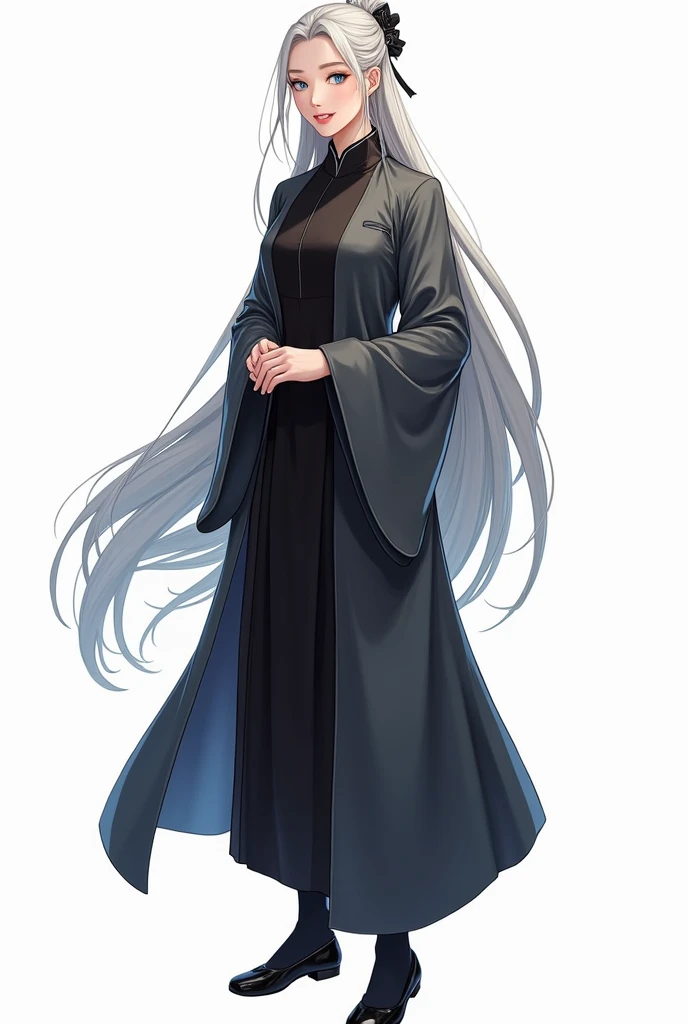 1 adult、whole bodyのイラスト、Gray Hair、Long Hair、Blue Eyes、Slanted Eyes、smile、strong、exotic、Long Chinese dress、front、whole body、Background white、Black tights、Black shoes