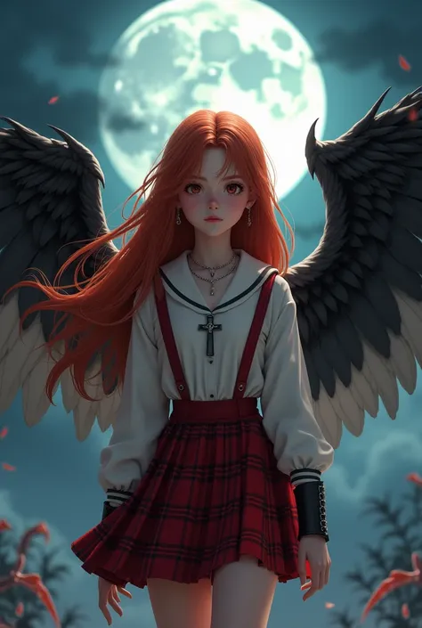 wings, black wings, feathered wings, single wing, chain, angel wings, white wings, moon, bird wings, angel, eagle, mini wings,  12 yearshold Long red air catholic school uniform red plaid miniskirt female focus, black feathers, full moon, spread wings, nec...