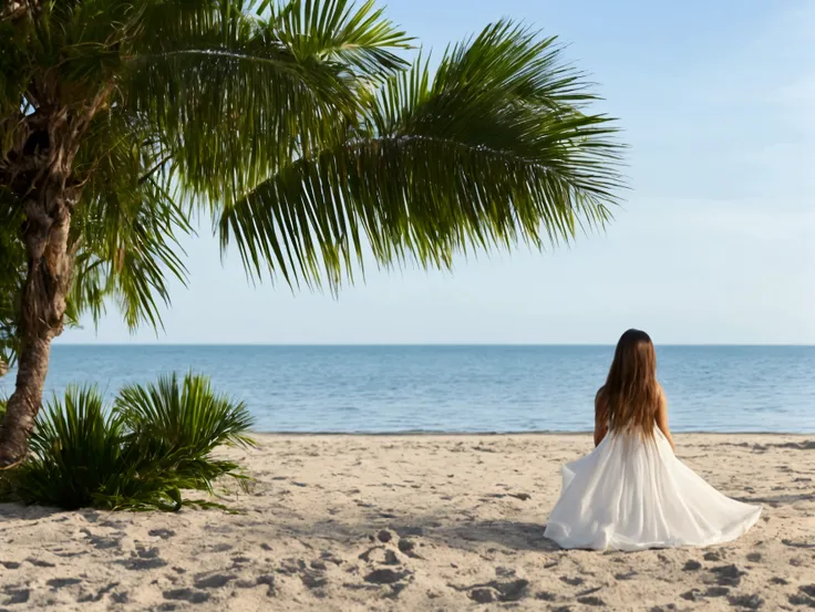 Create a serene and calming scene of a girl playing a grand piano on a beach. The piano is positioned on the sandy shore, with the gentle waves of the ocean in the background. Nearby, there is a cozy beach house with large windows and a welcoming porch, ne...