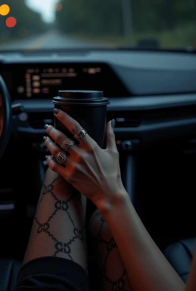 (HD, 4k, real, realistic and detailed) A shot from inside a car. On the passenger seat, a womans legs are visible, covered in sheer black stockings with a luxurious pattern that appears to be the iconic Gucci logo. The lighting is dim, with dark tones pred...