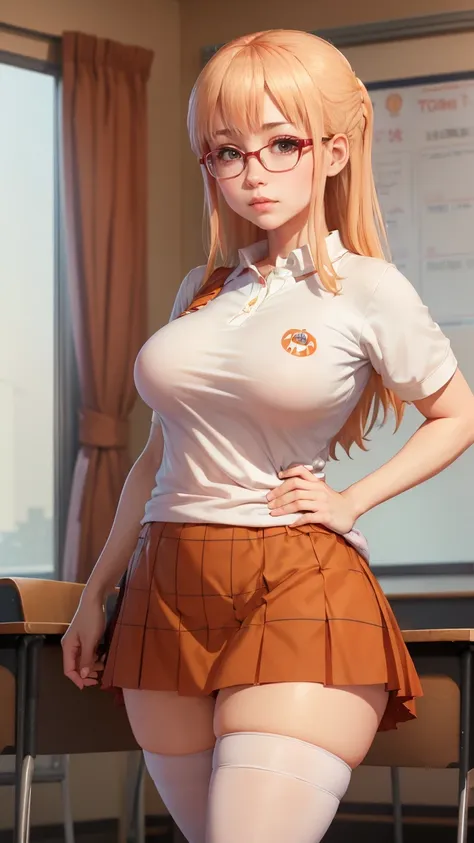 umaru, very beautiful, with glasses, purple eyes short blonde hair ((dressed in a wide orange plaid skirt with white thigh-high ...