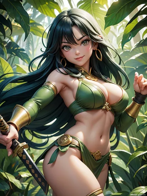 in the jungle, an amazon with many curves, die-hard, friendly, Corajudo. In one hand he has a sword, and on the other a round shield. She smiles at us inviting us to join her in living a thousand and one adventures with her..