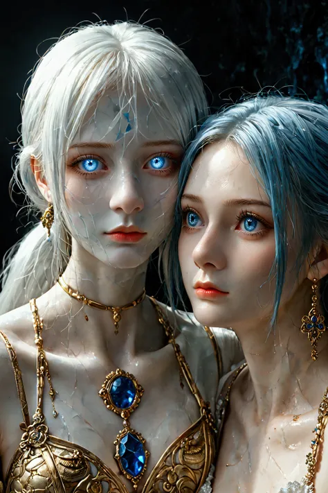 Women, white marble skin, with blue cracks, with illuminated eyes, with gold details