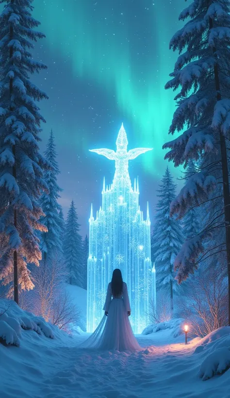 "A magical snow-covered forest, with the camera slowly moving through the scene. The night sky is illuminated by shimmering auroras, and the glowing ice-covered trees emit a fantastical light. In the distance, a radiant ice palace is hidden, and the protag...