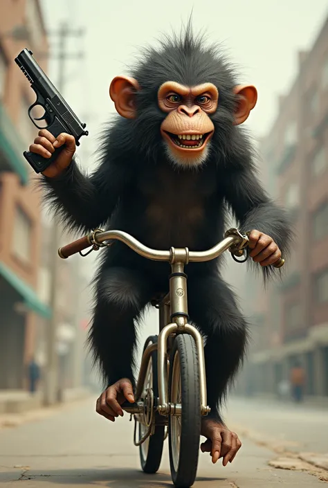 Monkey with hair on bike with gun in his hand