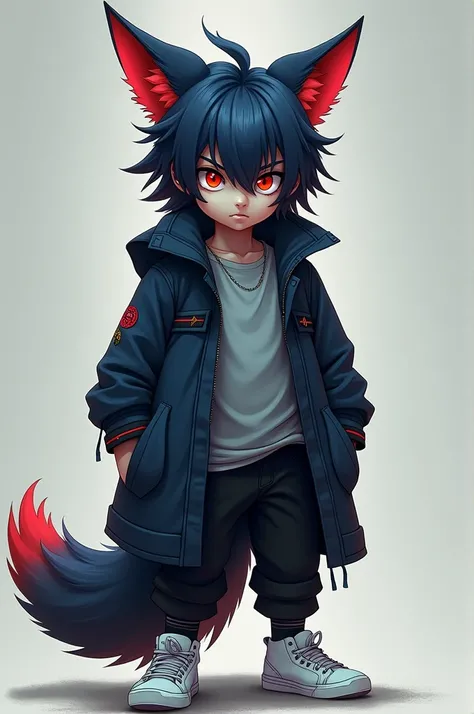 Create a boy with medium long hair, dark blue skin, white red eyes, crimson fox ears and tail, dark blue coat, black with blue details, black pants, gray t-shirt and white sneakers