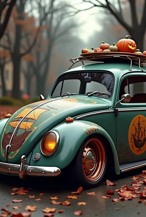 Make me a modified VW Beetle with bronze rims and dressed up for Halloween with a big caravel drawn on the hood