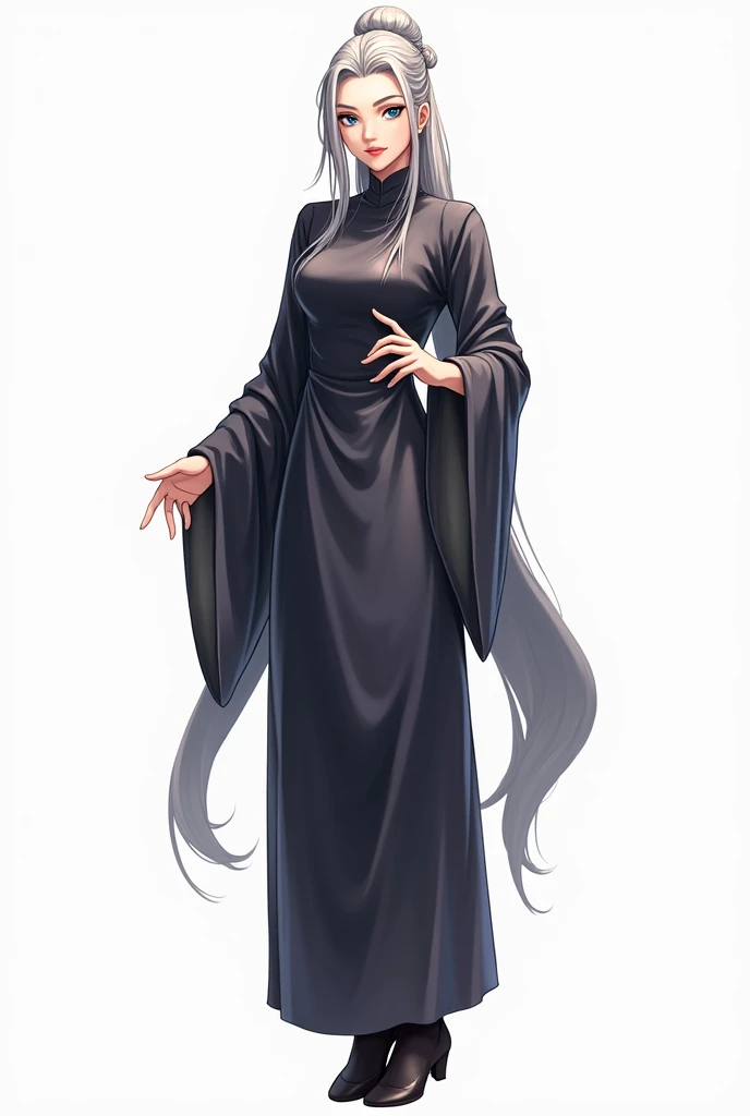 1 adult、whole bodyのイラスト、Gray Hair、Swept-up long hair、Blue Eyes、Slanted Eyes、smile、strong、exotic、Long Chinese dress、front、whole body、Background white、Black tights、Black shoes、6 heads