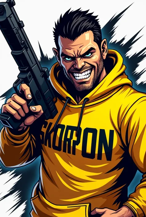 Make a sports logo of a guy holding a gun with eyes and yellow sweatshirts with the name Skorpion on the sweatshirt 