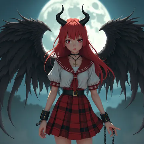 wings, black wings, feathered wings, single wing, chain, angel wings, white wings, moon, bird wings, angel, eagle, mini wings,  12 yearshold Long red air catholic school uniform red plaid miniskirt female focus, black feathers, full moon, spread wings, nec...