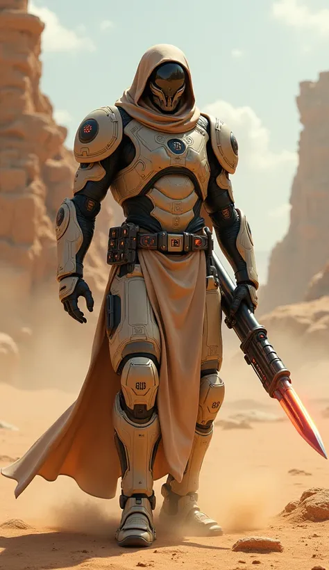 A futuristic warrior in a high-tech desert suit, holding a laser scimitar, with a robotic mask and shoulder-mounted guns, against the backdrop of a vast, sandy desert with futuristic ruins.