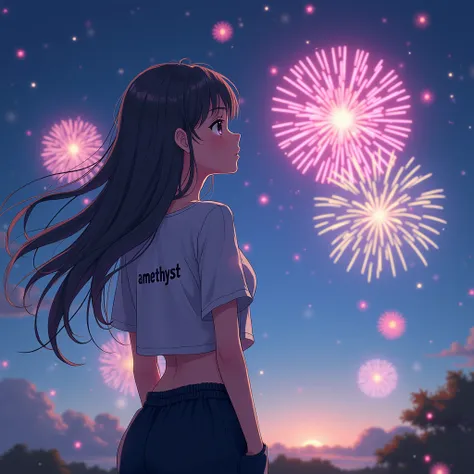 beautiful long haired anime girl waering 
cropped top and black loose jogging pants 
with a text "Amethyst" on her clothes, watching fireworks