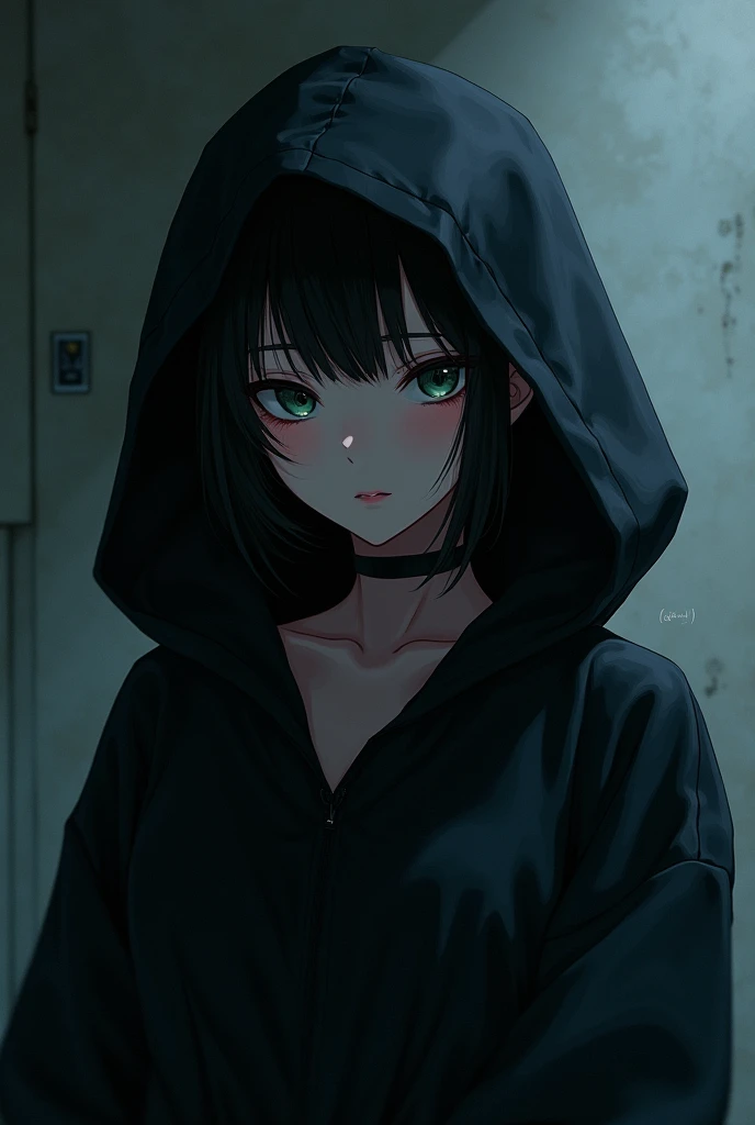 Anime girl covered in dark clothes and mysterious use face half should be visible and she has bangs